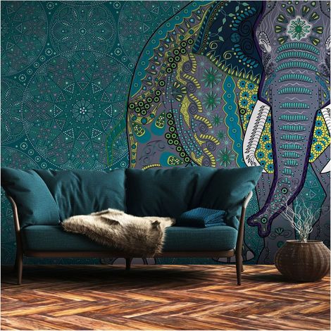 Sfondo fotografico Profhome 382621 Carta da parati TNT goffrata a caldo liscia con elefanti opaca blu grigio giallo verde 3,71 m x 2,8 m (1/4)
