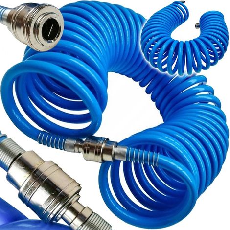 Pneumatischer Spiralschlauch 10 m, gecrimpt, für Kompressor mit Kupplungen