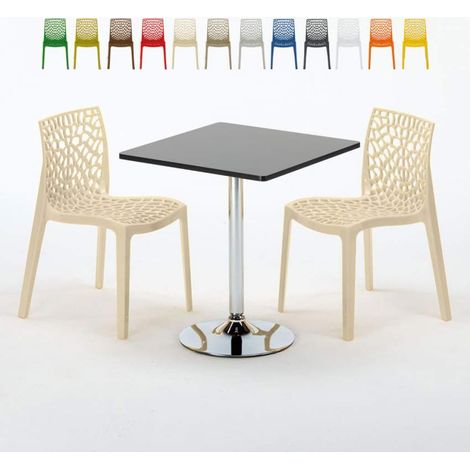 Table Carrée Noire 70x70cm Avec 2 Chaises Colorées Grand Soleil Set Intérieur Bar Café Gruvyer Mojito - Beige (1/5)