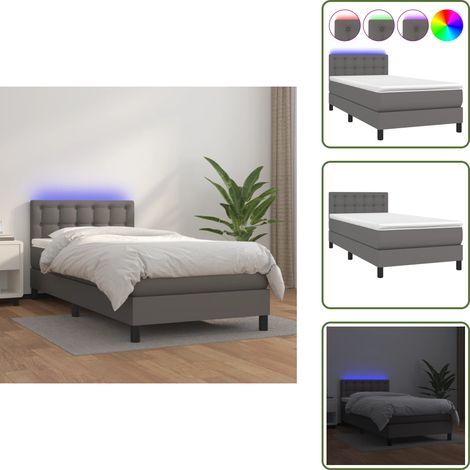Boxspringbett mit Matratze & LED Grau 90x200 cm Kunstleder - Boxspringbett - Doppelbett - Bettenrahmen - Lederbettwäsche - Luxusbett (1/5)