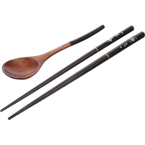 Ensemble de baguettes et cuillère en bois de style japonais, compatible avec un usage domestique (1 ensemble). (1/5)