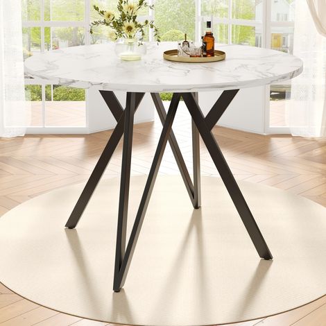 Table de salle à manger ronde 100x100cm avec plateau design, pieds métal élégants pour cuisine et salon, table basse ou à manger pour 4 personnes, couleur noire (1/5)