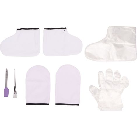 Lot gants de cire transparents avec petite brosse violette, spatule, gants blancs et protège-pieds pour soins spa (1/5)