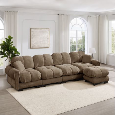 Canapé d'angle en L 4 places en tissu chenille marron avec pouf mobile OKWISH (1/5)