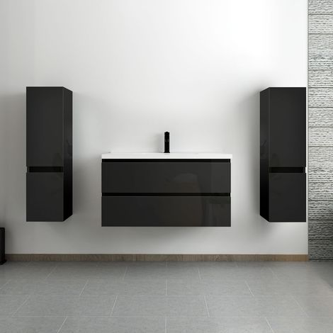 Ocean ensemble meuble salle de bain 100 cm noir brillant avec 2 tiroirs à fermeture automatique, lavabo céramique simple + 2 colonnes, suspendu