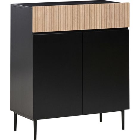 Credenza moderna a 2 ante, 2 ripiani e un cassetto in MDF, legno di frassino naturale, fronte a coste, soggiorno nero Blythe (1/5)