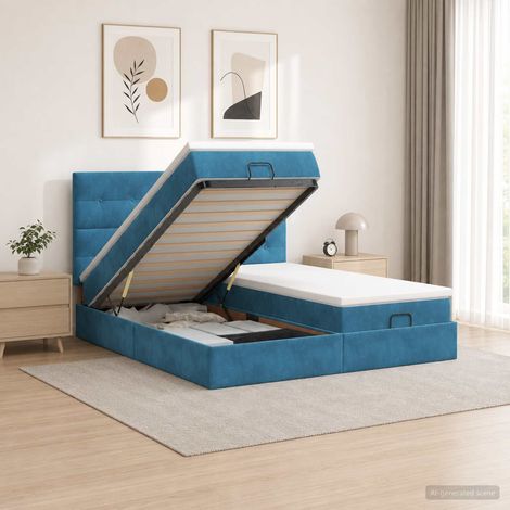 vidaXL Lit coffre avec matelas et LED Bleu foncé 200 x 200 cm Velours (1/5)