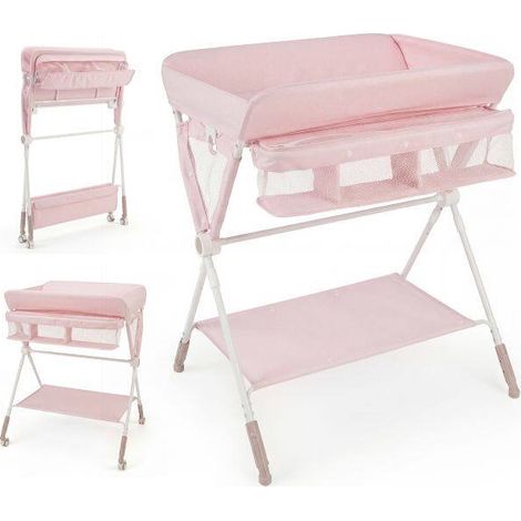 Table à langer bébé rose pliante avec hauteur réglable sur 3 niveaux, roulettes freinées (1/5)