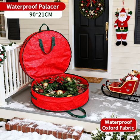 Sac de rangement pour couronne de Noël - Sac rond de 90 x 21 cm, grande capacité, en tissu imperméable, avec fermeture éclair et poignée de transport robuste, anti-insectes et durable pour les décorat (1/5)