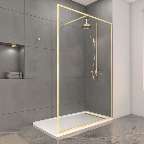 Parete doccia 140x200cm finitura Oro spazzolato + Piatto doccia effetto pietra 140x80x5cm (1/5)