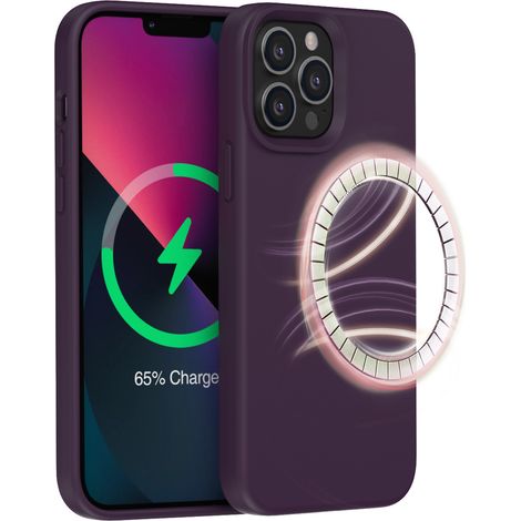 Coque pour iPhone (Violet foncé (rouge-violet), iPhone 14 Pro Max), en silicone liquide, magnétique.