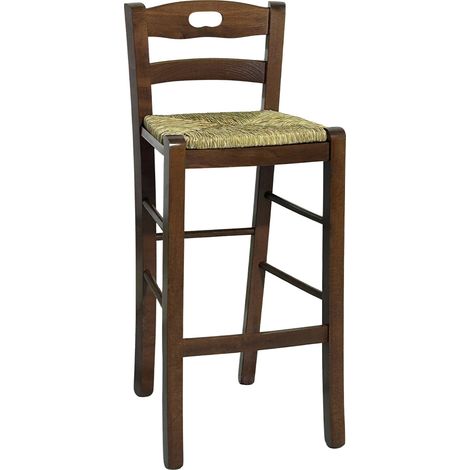 Tabouret en bois avec poigne au dossier h66 noyer foncassise en paille (1/5)