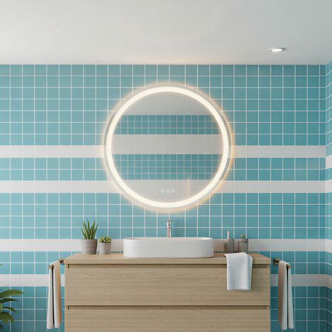 Auralum Max Specchio da bagno rotondo illuminato 50 cm con retroilluminati, Specchi luminosi bagno antiappannamento, interruttore touch, 3 colori dimmerabile