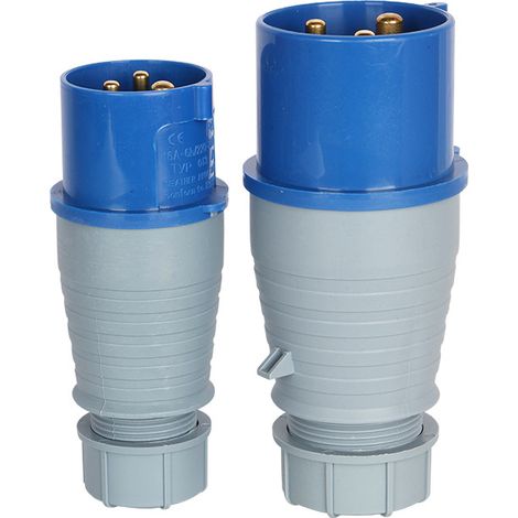 Packung mit 2 Industrie-Netzsteckern – 3-polig 32 A + 3-polig 6 A Schutzart IP44 (wasserdicht und stoßfest) Gehäuse aus technischem Nylon mit massiven Kupferkontakten.