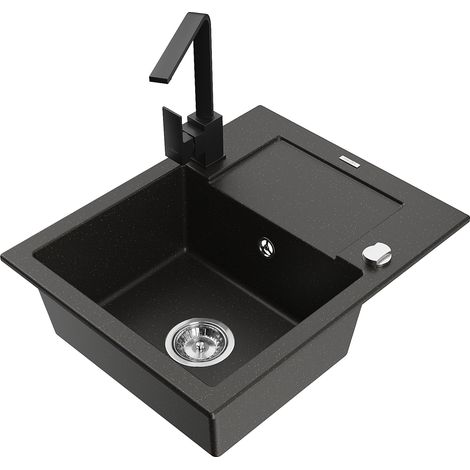 Mexen Enzo fregadero de granito de 1 seno con escurridor y grifo de cocina Rita, negro/oro met谩lico - 6506-75-670300-70