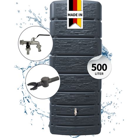 4rain SLIM STONE DECOR Regentonne Wandtank Komplett-Set 500 Liter graphite grey inkl. Chrom-Doppelauslaufhahn und Fallrohranschluss (1/5)
