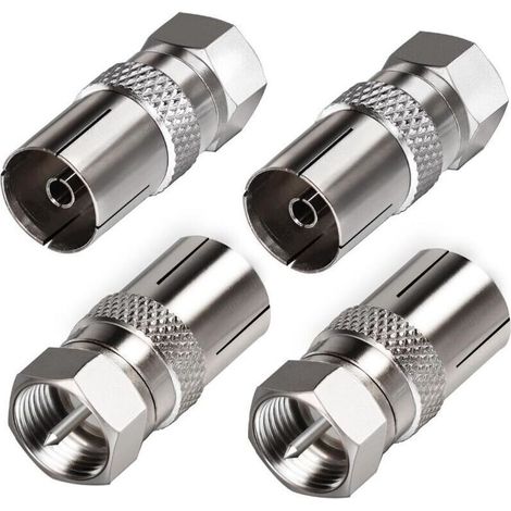 Adaptateur antenne TV F mâle vers femelle – Lot de 4 – Nickelé 75 Ohm – Compatible câbles coaxiaux et récepteurs satellite (1/5)