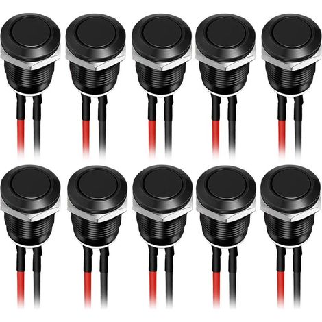 10 pièces 12mm 12V 2A Momentané Bouton-Poussoir Étanche en Acier Inoxydable On/Off, bouton rond, pour voiture, PC, lampe de table (Tête Plate) noir (1/5)