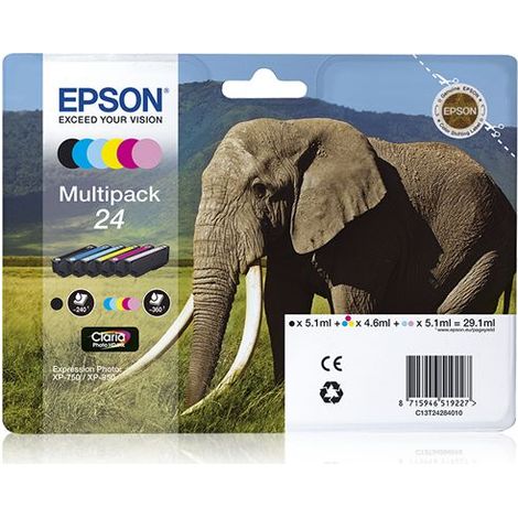 Cartuccia Multipack Epson 24 Elephant Claria Photo HD per Stampanti Epson C13T24284011 - Nero e 5 Colori (1/5)