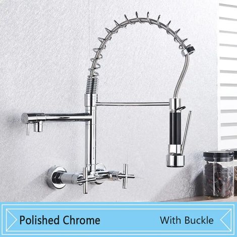 Robinet de cuisine noir chromé avec boucle, double poignée, mitigeur eau chaude/froide, fixation murale, double bec pivotant, douchette extractible à ressort (1/5)