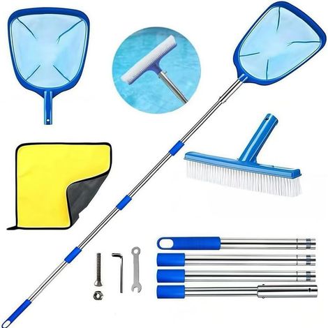 Red recogepipas para piscinas con mango telescópico - con cepillo para piscinas - Red recogepipas de malla fina para estanques - Kit de limpieza para spas, estanques, jacuzzis y piscinas infantiles (1/5)