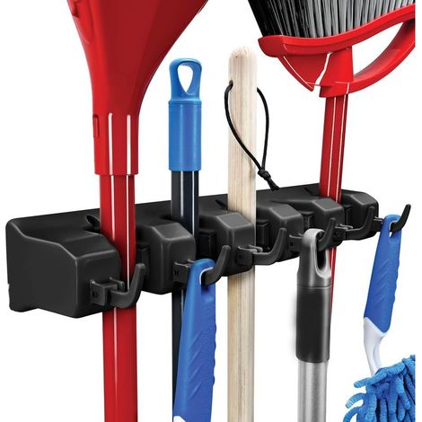 Support mural pour balai et serpillière – Organiseur de rangement pour garage avec 5 emplacements, 6 crochets – Rangement pour la maison, la cuisine, le placard, les outils de jardin et la buanderie (1/5)