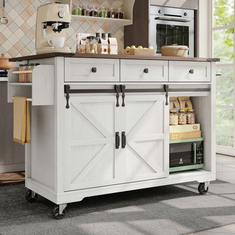 Îlot de cuisine sur roulettes 140 cm avec plan extensible, 3 tiroirs et portes coulissantes