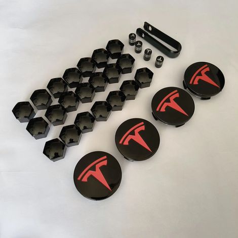 (29 Noir brillant/Rouge, Chine continentale) - Boîte de 29 pièces compatible avec Tesla Model 3 et Model Y. Kit de conversion de jantes Juniper comprenant enjoliveurs, cache-moyeux et vis de fixation. (1/5)