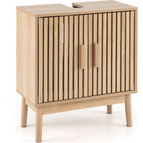 Meuble sous Lavabo avec Portes à Lattes et Pieds en Bois Armoire sous Vasque Salle de Bain, 2 Étagères, Pieds en Pin, Découpe en U19x7,5cm, 60x30x70cm (1/5)