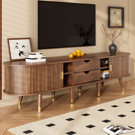 Meuble TV 175 cm avec porte coulissante en rotin, aspect noyer et grand rangement – buffet télé style campagne en MDF, niches ouvertes, tiroirs et placard – design naturel (1/5)