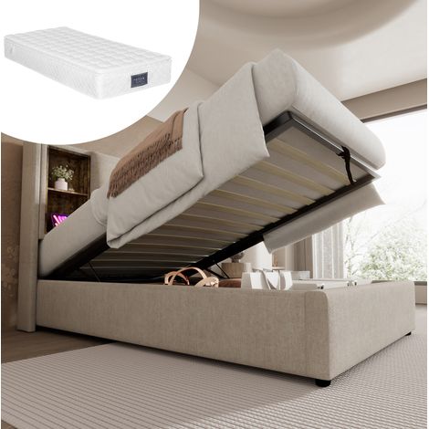 DESVIAE Lit simple rembourré 90 x 200 cm avec recharge sans fil USB C rangement sommier à lattes en bois tissu lin naturel matelas inclus (1/5)