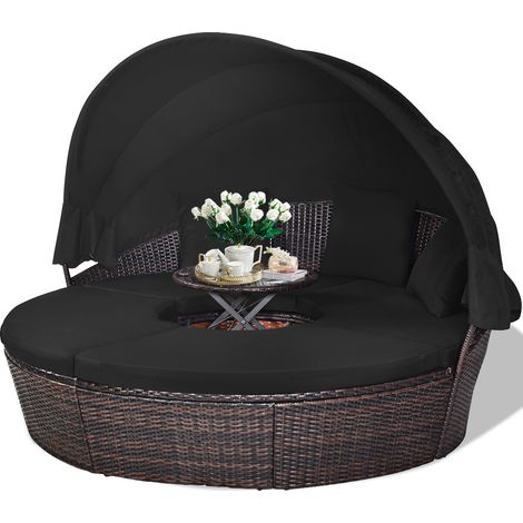 Salon de jardin rond noir en résine tressée avec auvent rétractable et table relevable pour jardin, terrasse et extérieur (1/5)