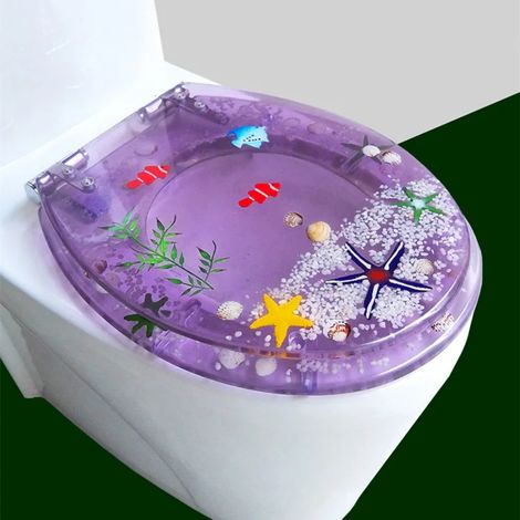 (poisson de mer violet - normal) Magnifique abattant de toilette en résine, en acier inoxydable, silencieux et épais, avec couvercle universel U/V/O. (1/5)