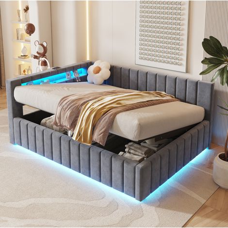 Cama tapizada 140x200 cm, con almacenaje hidráulico, iluminación LED y puerto USB, terciopelo gris (1/5)