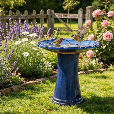 Fontaine à oiseaux en céramique faite à la main (Ø 43 cm, hauteur 45 cm), bleu roi brillant avec relief en tourbillon radial sur la coupelle, résistant aux intempéries et au gel, pour jardin, terrasse (1/5)