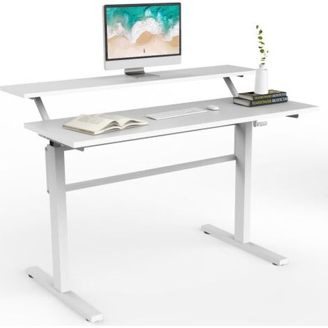2-Tier Adjustable Height Standing Desk Sit to Stand Workstation w/Shelf (1/3)