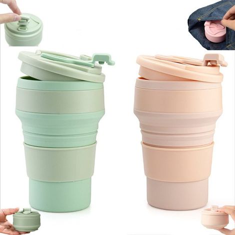 2 piezas, Taza plegable, Taza portátil de silicona 350 ml, Taza café plegable, Libre BPA, Taza viaje plegable, Vaso reutilizable tapa, Verde rosa (1/5)