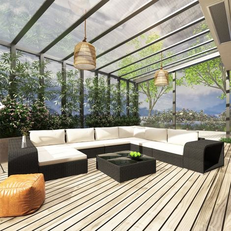 10-tlg. Garten-Lounge-Set mit Auflagen Poly Rattan Schwarz