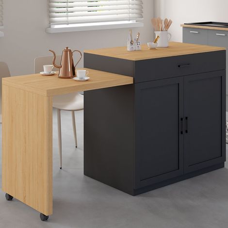 VITO 94-155 cm isla central en madera negra con mesa de comedor extensible integrada en acabado haya