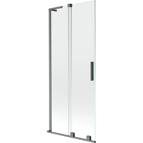 Mexen Velar L paratia per vasca da bagno 2 ante scorrevole 80 x 150 cm, trasparente, grigio canna di fucile spazzolato (1/5)
