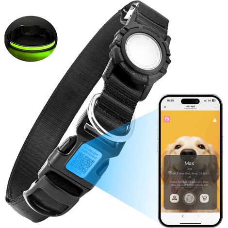 Collar para perros con placa de identificación transfronteriza, recargable por USB-C, resistente al agua, luminoso y con protección antipérdida. (1/5)