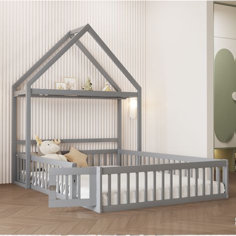 Lit enfant 140x200 cm gris en bois massif avec rangement, toit et barrière de sécurité (1/5)