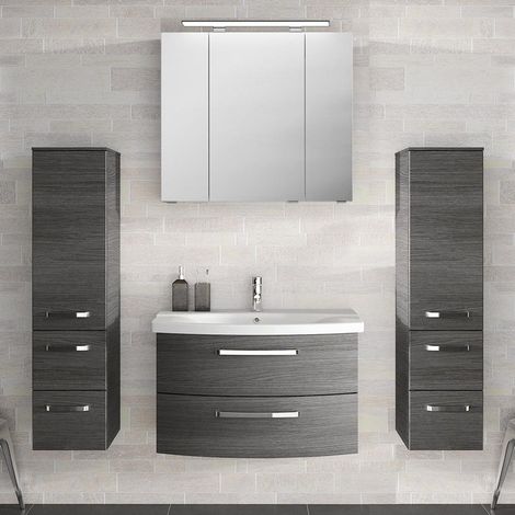 Badezimmer Komplett-Set mit 80cm Keramik Waschtisch, Spiegelschrank inkl. LED & 2 Midischränken FES-4010-66 in Graphit Struktur (1/5)