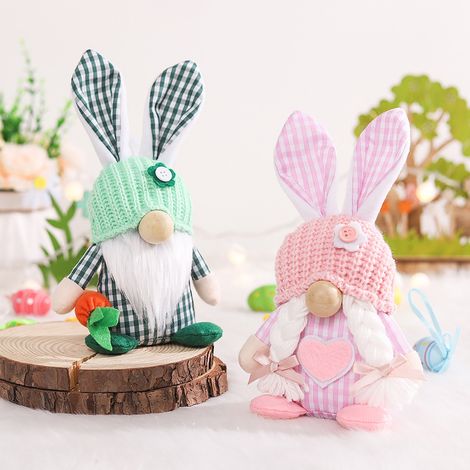Poupées lapins de Pâques sans visage, décoration en couple (lot de 2 lapins : lapin mâle avec carotte + lapin femelle avec cœur), comme sur l'image. (1/5)