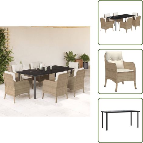 Sitzkissen - vidaXL 7-tlg. Garten-Essgruppe mit Kissen Beige Poly Rattan - Rückenkissen (1/5)