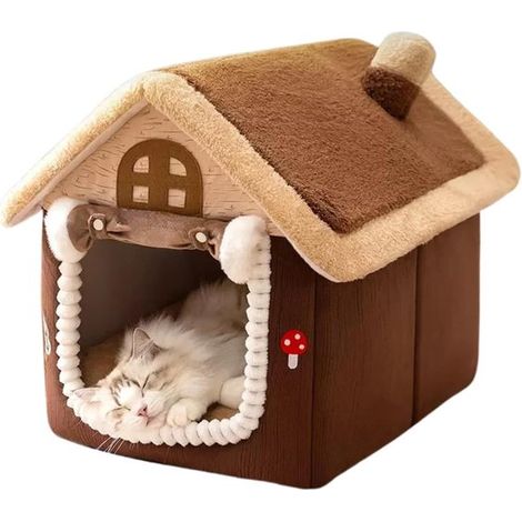 Panier d'intérieur pour chat - Niche/tente confortable pour chiot avec rideau - Maison chaude pour animaux - Avec tapis amovible (1/5)