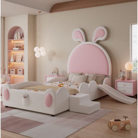 Cama infantil tapizada con tobogán y pequeña escalera, cabecero con orejas de conejo, PU blanco y rosa, 90x200 cm (1/5)