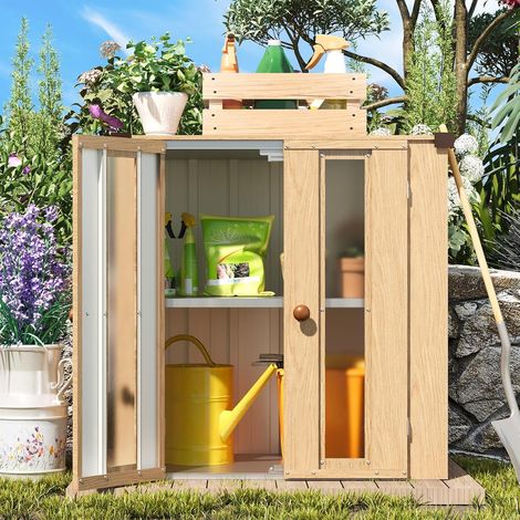 YODOLLA Garden Storage box Shed Small, Metal Cabinet cupboard Wooden-Patterned Tool Sheds with 2 Windows, Adjustable Shelves, and Double Doors (1/5)