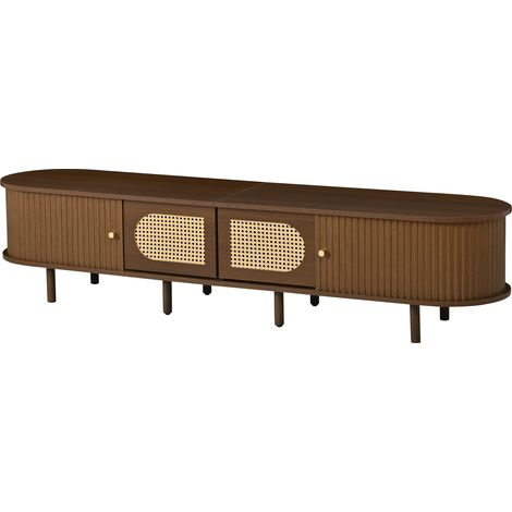 Meuble tv 180x40x40 cm noyer foncé design rotin avec 2 portes battantes et 2 coulissantes, pour écran jusqu’à 80 pouces (1/5)