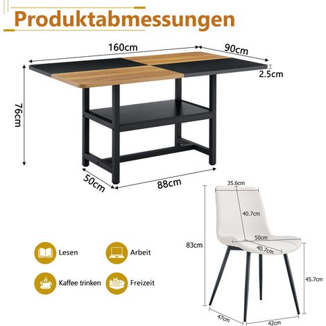 Esstisch 160x90x76 cm aus MDF und Metall, Braun/Schwarz/Weiß, mit Stauraum – MEUBLIV (1/5)